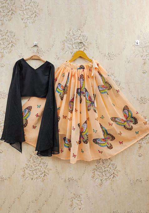 Peach Solid Georgette Lehenga Set For Girls