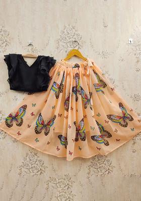 Peach Solid Georgette Lehenga Set For Girls