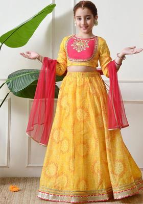 Yellow Embroidered Silk Lehenga Set For Girls