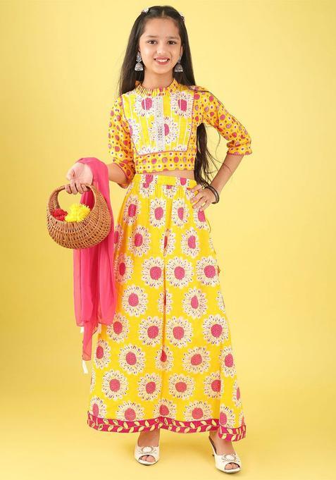 Yellow Printed Cotton Lehenga Set For Girls — view on Indya