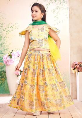 Yellow Embroidered Silk Lehenga Set For Girls