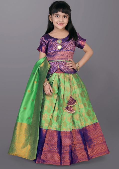 Green Woven Design Polyester Lehenga Set For Girls — view on Indya