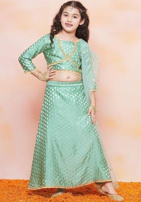 Green Woven Design Silk Lehenga Set For Girls