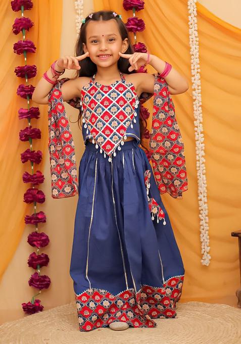 Blue Printed Cotton Lehenga Set For Girls — view on Indya