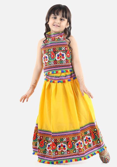 Yellow Embroidered Cotton Lehenga Set For Girls — view on Indya