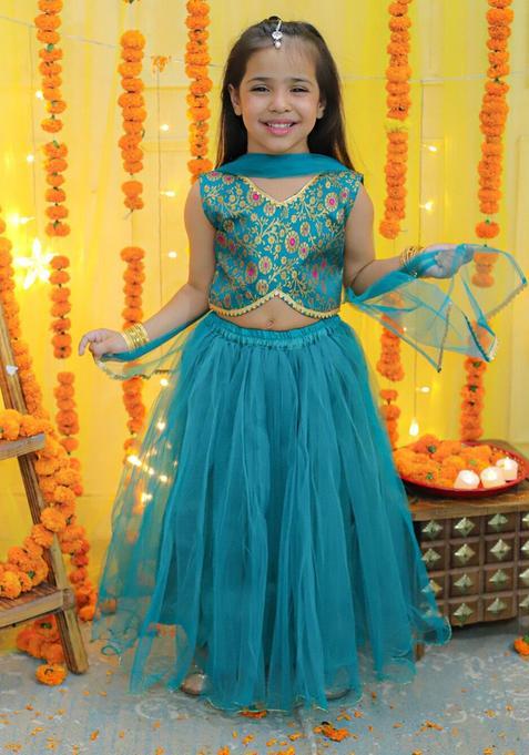 Green Printed Net Lehenga Set For Girls — view on Indya