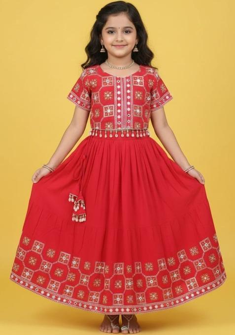 Red Embellished Cotton Lehenga Set For Girls — view on Indya