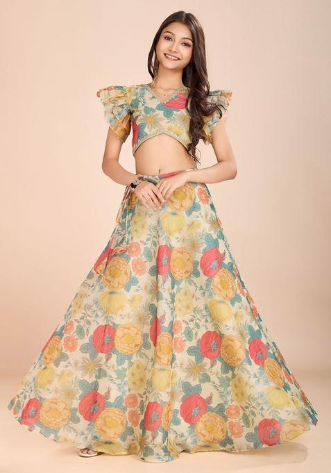 Yellow Printed Silk Lehenga Set For Girls — view on Indya