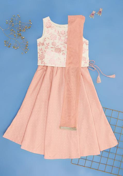 White Printed Polyester Lehenga Set For Girls — view on Indya