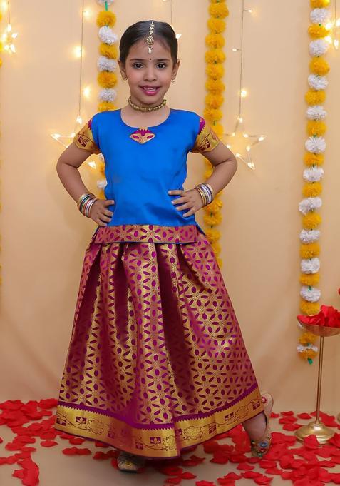 Blue Woven Design Silk Lehenga Set For Girls — view on Indya