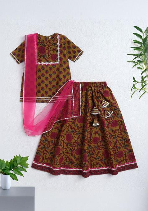 Brown Printed Cotton Lehenga Set For Girls — view on Indya