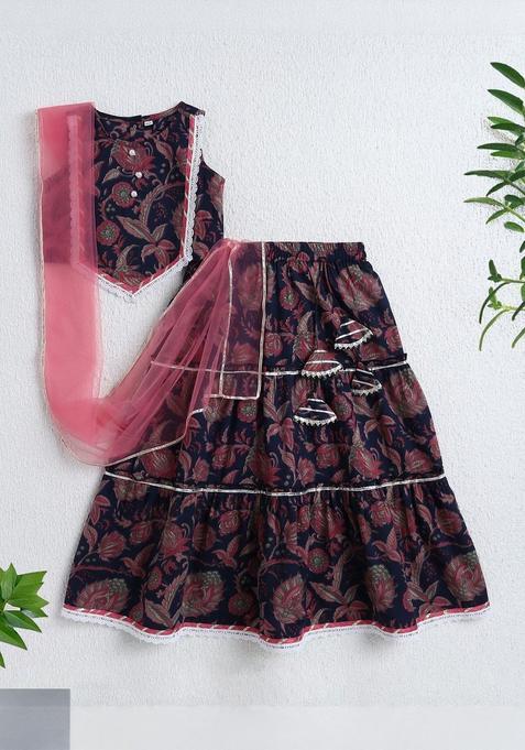 Blue Printed Cotton Lehenga Set For Girls — view on Indya
