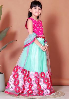 Pink Embellished Net Lehenga Set For Girls