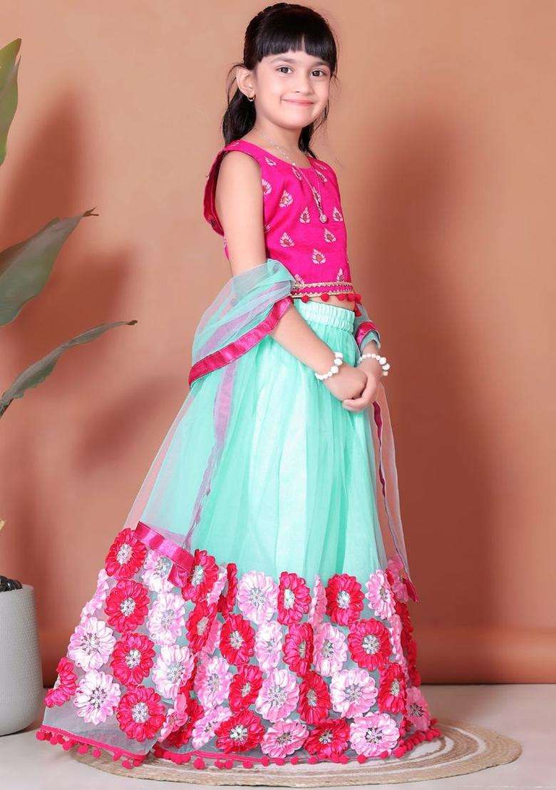 Pink Embellished Net Lehenga Set For Girls - Indya