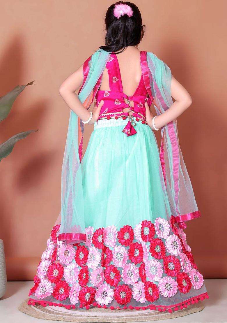 Pink Embellished Net Lehenga Set For Girls - Indya