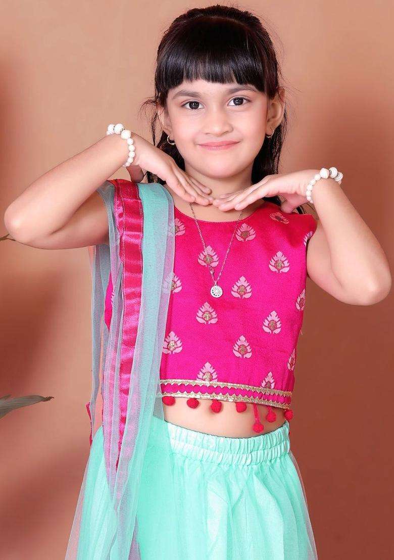 Pink Embellished Net Lehenga Set For Girls - Indya