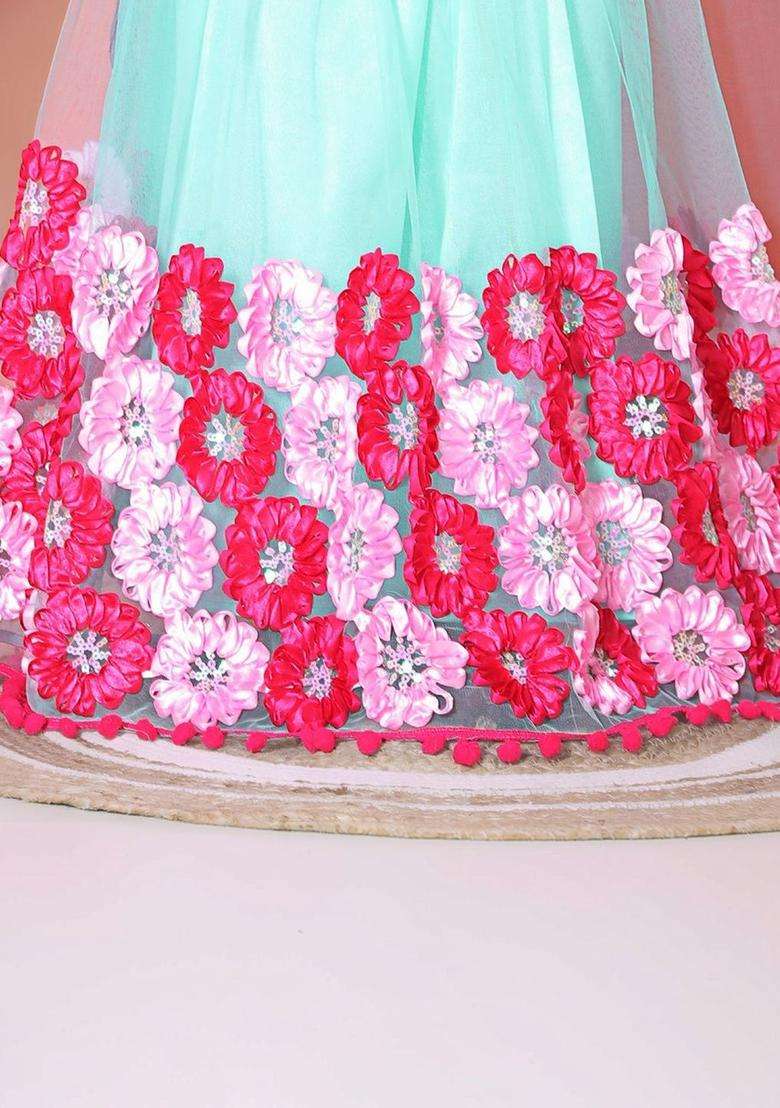 Pink Embellished Net Lehenga Set For Girls - Indya