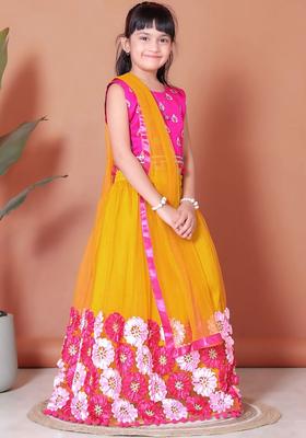 Pink Embellished Net Lehenga Set For Girls
