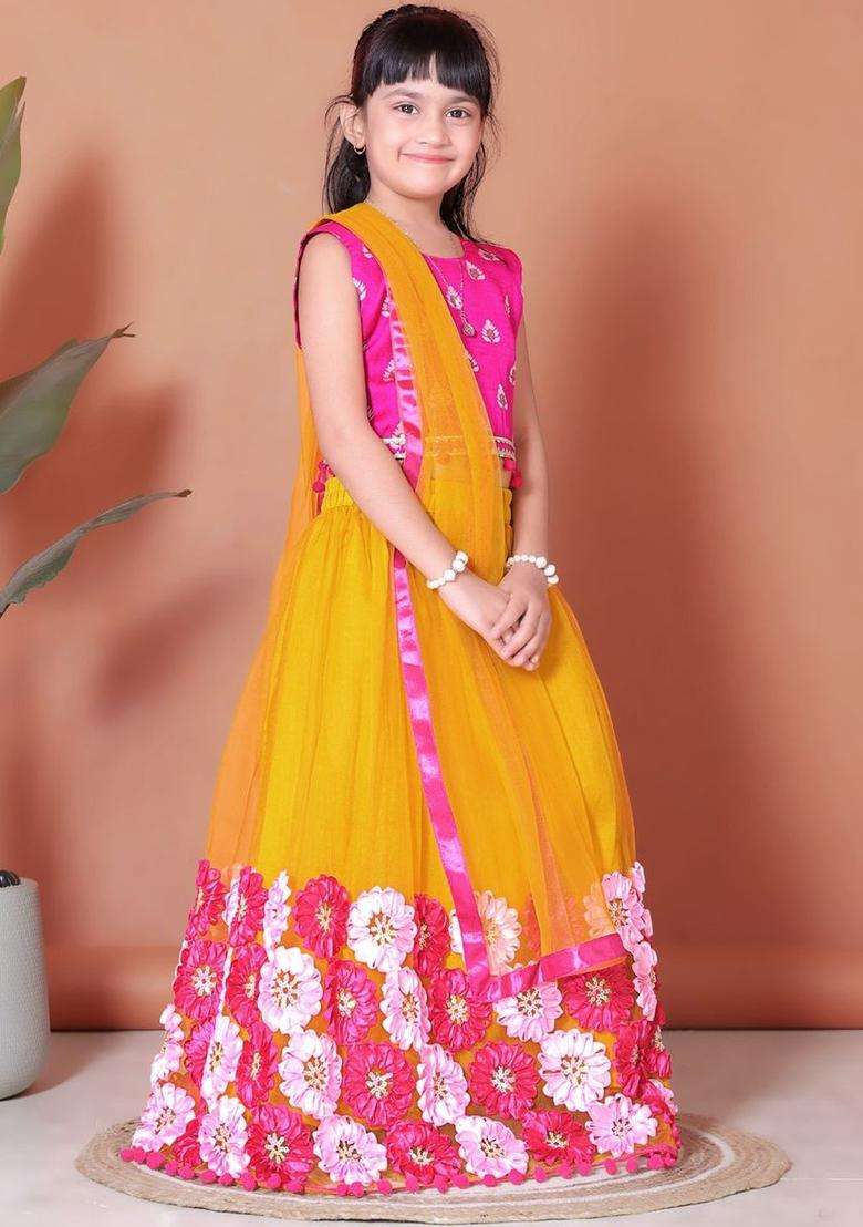 Pink Embellished Net Lehenga Set For Girls - Indya