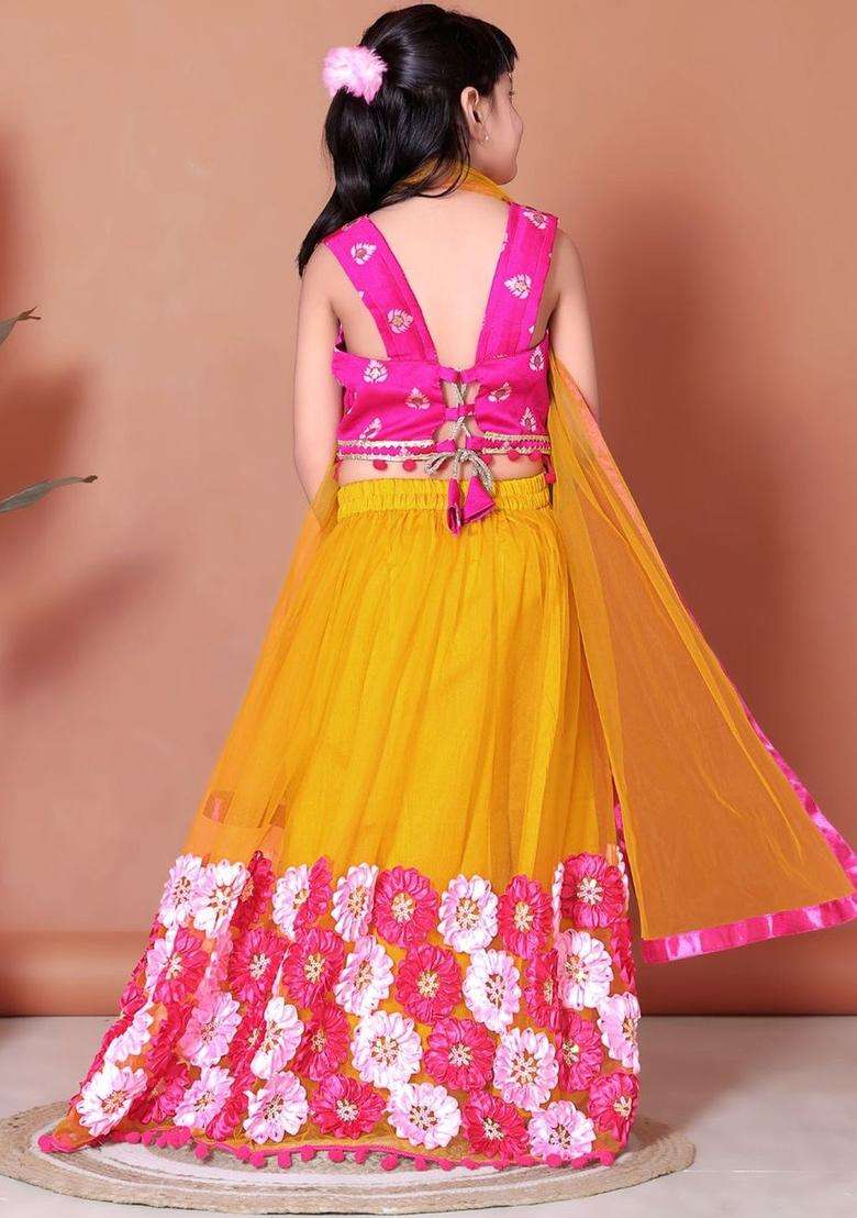 Pink Embellished Net Lehenga Set For Girls - Indya