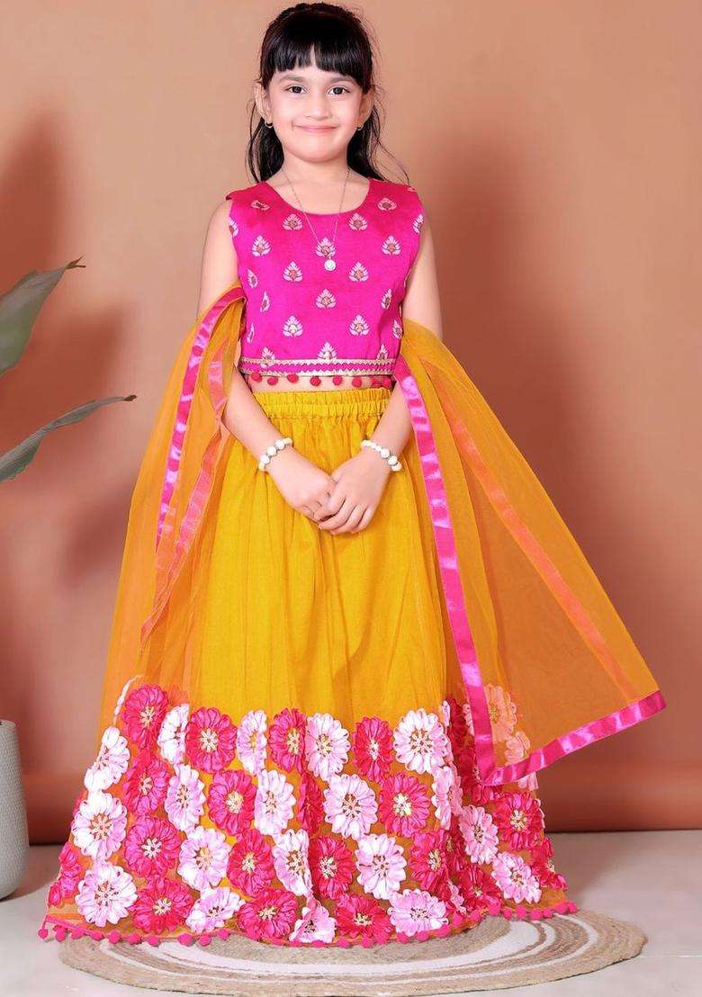 Pink Embellished Net Lehenga Set For Girls - Indya