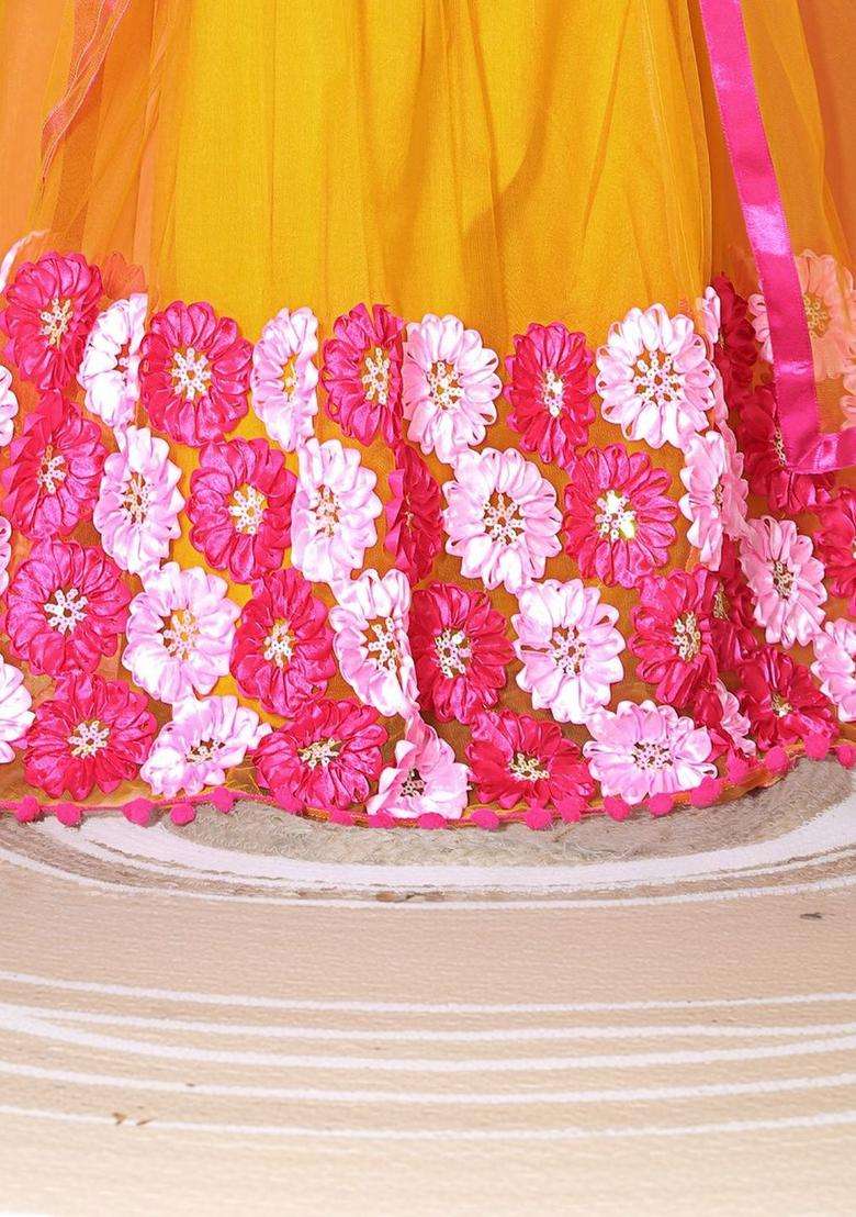 Pink Embellished Net Lehenga Set For Girls - Indya