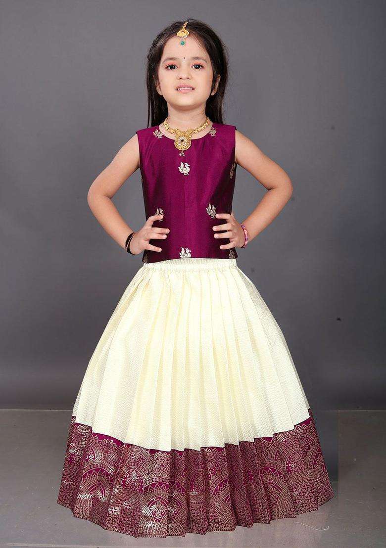 Maroon Woven Design Cotton Lehenga Set For Girls - Indya