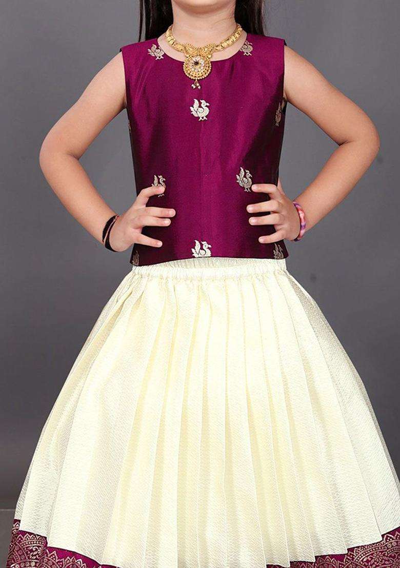 Maroon Woven Design Cotton Lehenga Set For Girls - Indya