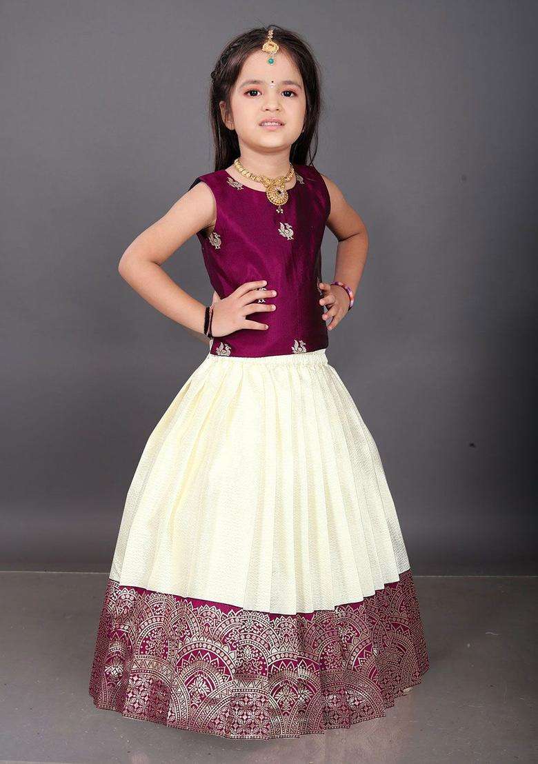 Maroon Woven Design Cotton Lehenga Set For Girls - Indya