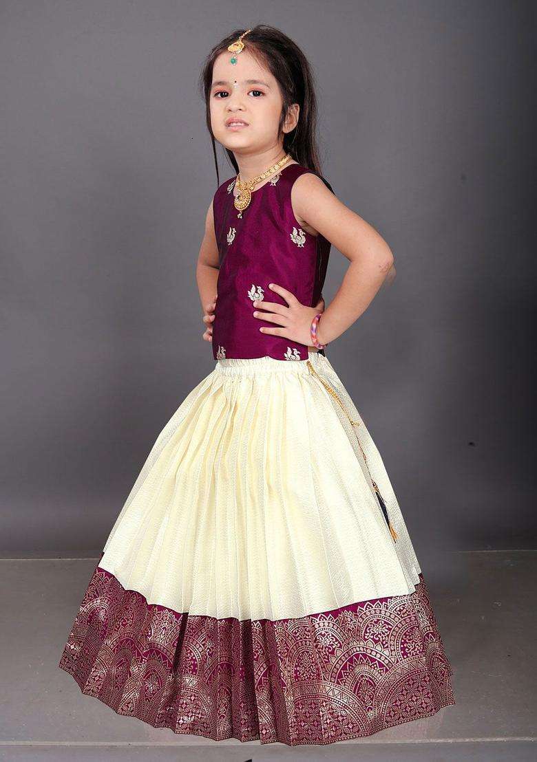 Maroon Woven Design Cotton Lehenga Set For Girls - Indya