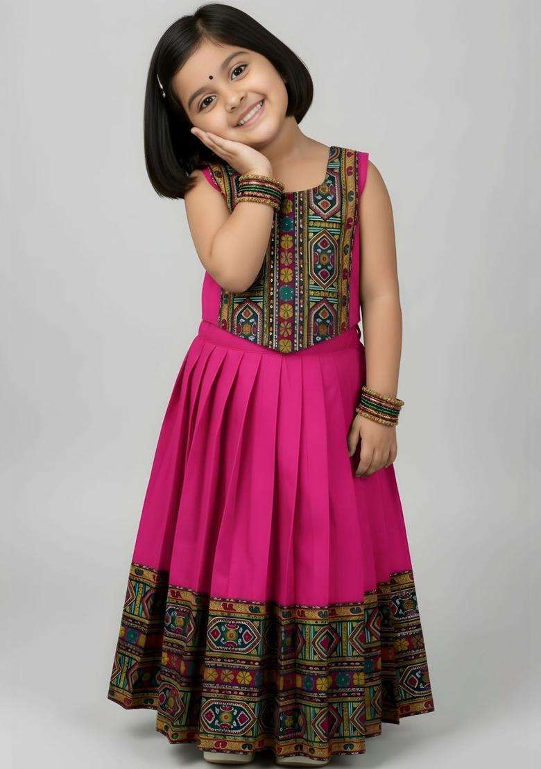Pink Embellished Cotton Lehenga Set For Girls - Indya