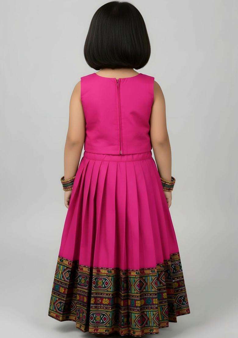 Pink Embellished Cotton Lehenga Set For Girls - Indya
