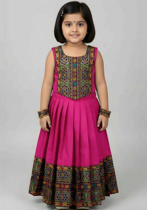 Pink Embellished Cotton Lehenga Set For Girls