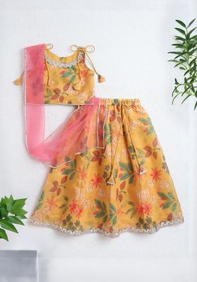 Yellow Printed Polyester Lehenga Set For Girls
