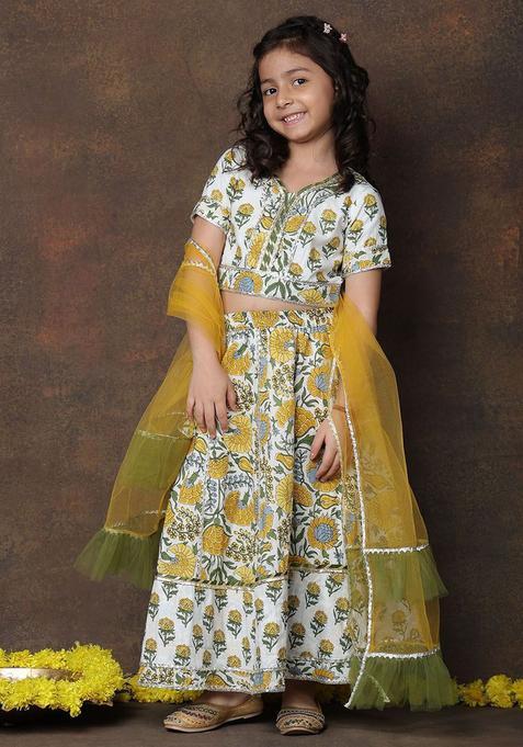 Yellow Embellished Cotton Lehenga Set For Girls — view on Indya