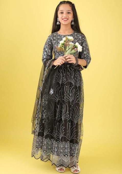 Black Embellished Net Lehenga Set For Girls — view on Indya