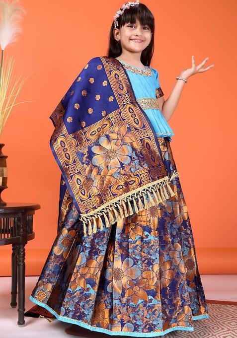 Blue Embellished Silk Lehenga Set For Girls — view on Indya