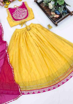 Yellow Embroidered Silk Lehenga Set For Girls