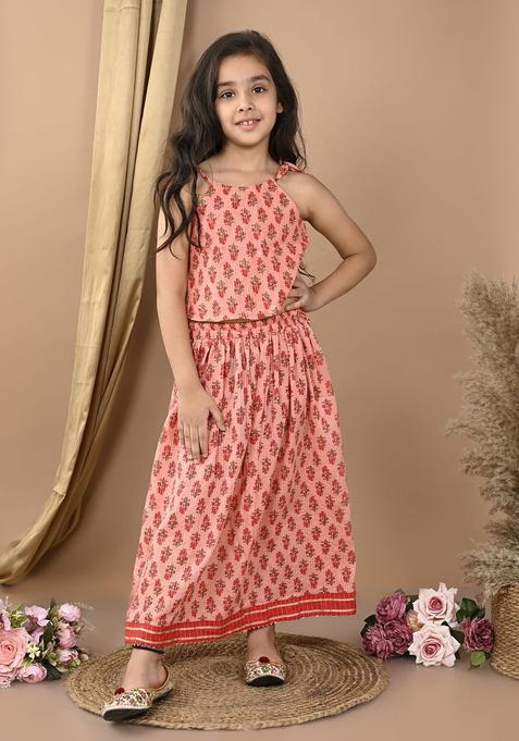 Peach Printed Cotton Lehenga Set For Girls — view on Indya