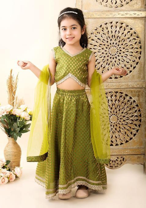 Green Embellished Silk Lehenga Set For Girls — view on Indya