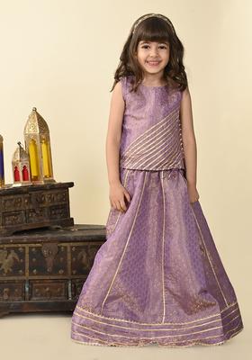 Purple Woven Design Silk Lehenga Set For Girls