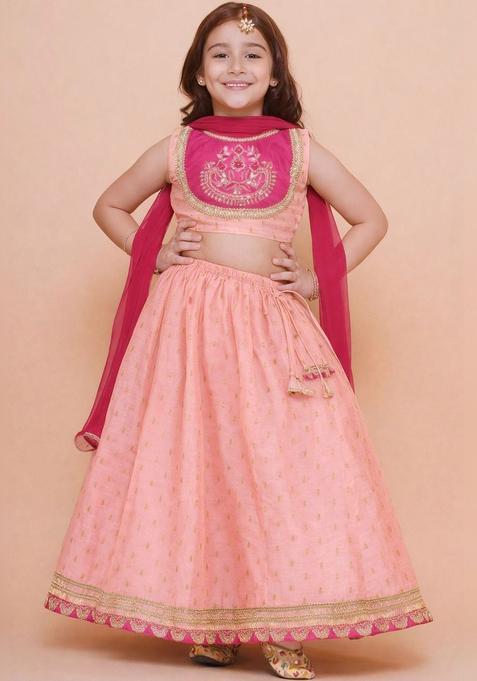 Peach Embroidered Silk Lehenga Set For Girls — view on Indya