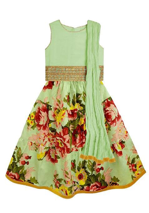 Green Embellished Cotton Lehenga Set For Girls — view on Indya