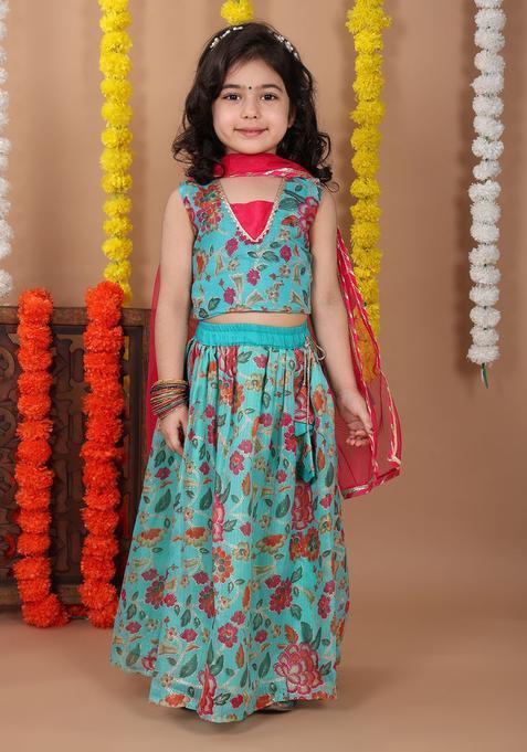 Blue Printed Cotton Lehenga Set For Girls — view on Indya
