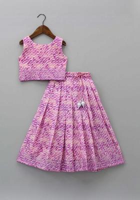 Purple Printed Polyester Lehenga Set For Girls