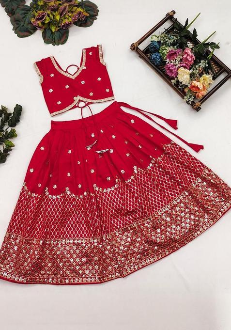 Red Embroidered Silk Lehenga Set For Girls — view on Indya