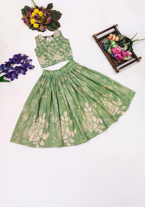 Green Floral Silk Lehenga Set For Girls — view on Indya