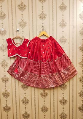 Red Embellished Georgette Lehenga Set For Girls