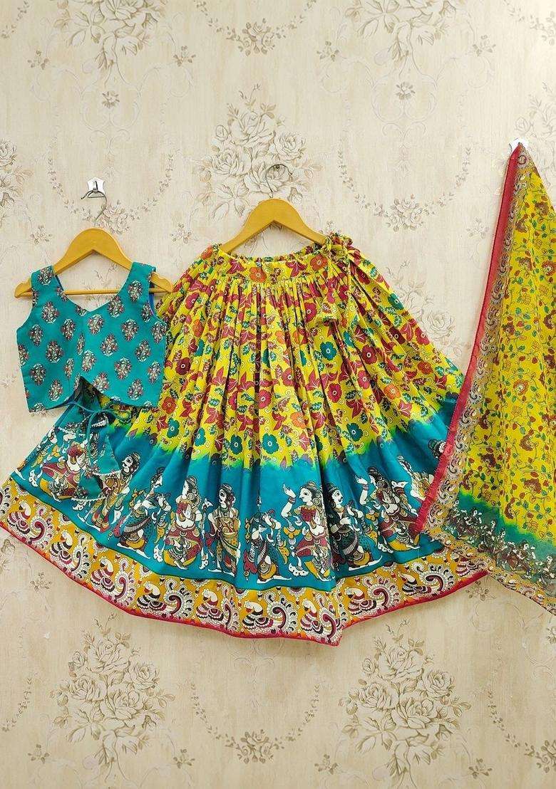 Yellow Printed Viscose Lehenga Set For Girls - Indya