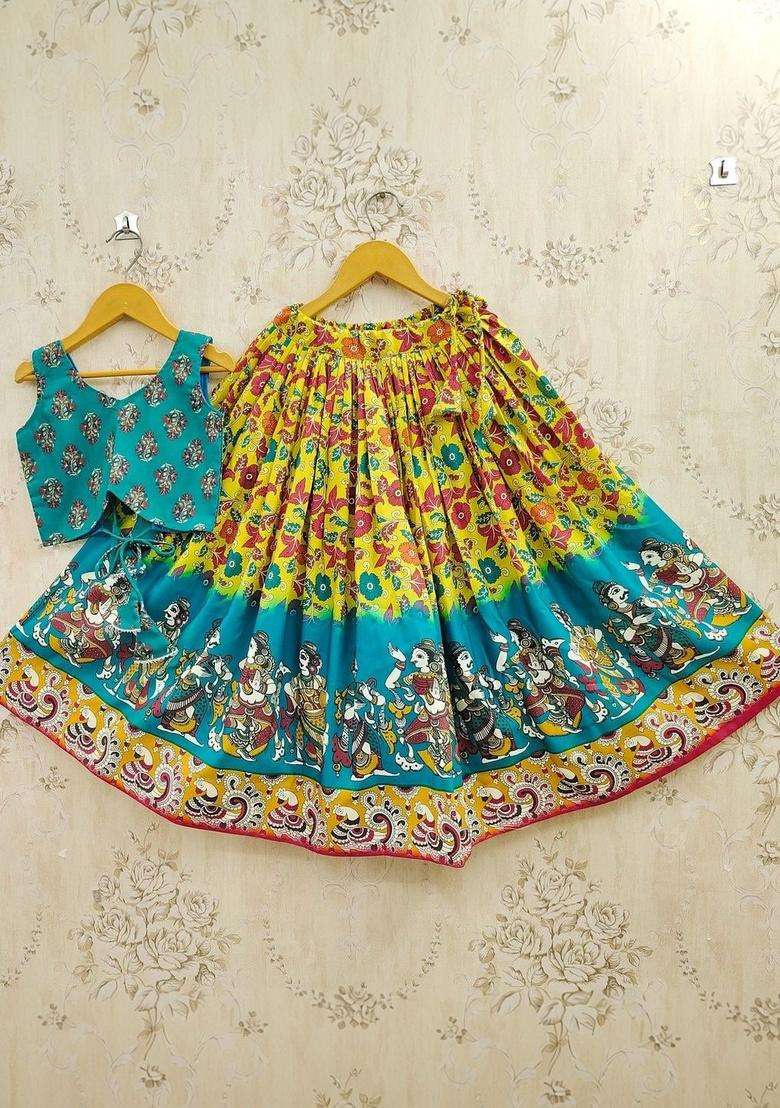 Yellow Printed Viscose Lehenga Set For Girls - Indya